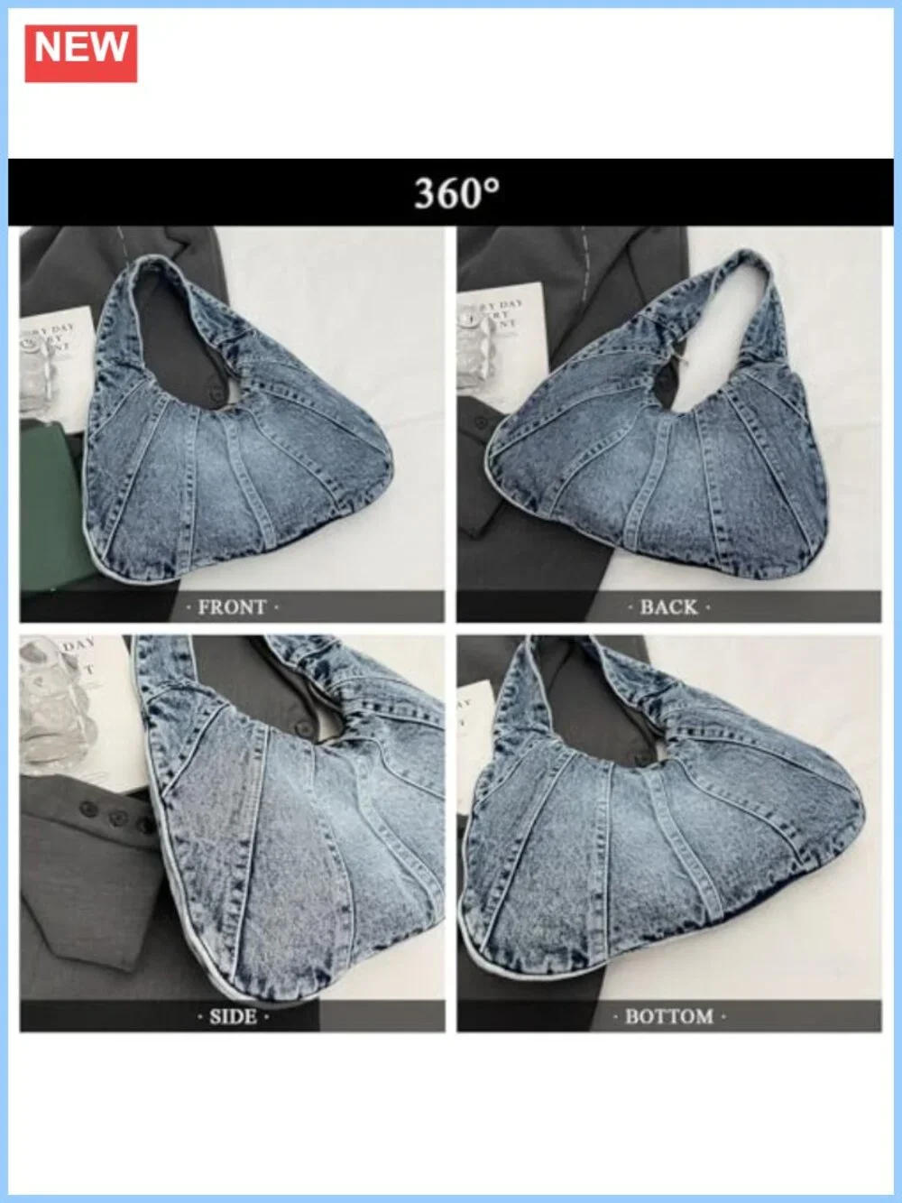 Denim Hobo Tote Bag Large Shoulder Purse Zip Closure